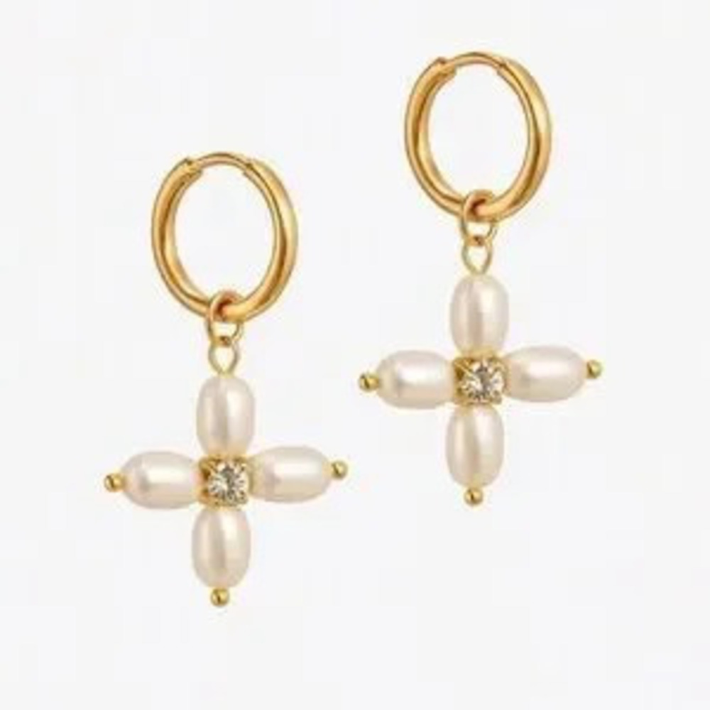 18K Gold Pearl Hoop Earrings (1012)
